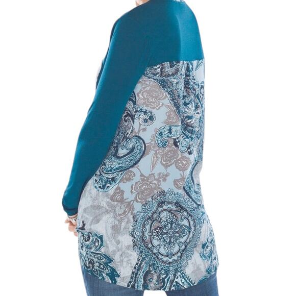 Chico’s Blue Multicolor Paisley Floral Woven Back Tunic Top, Size 1=Small - Picture 3 of 14